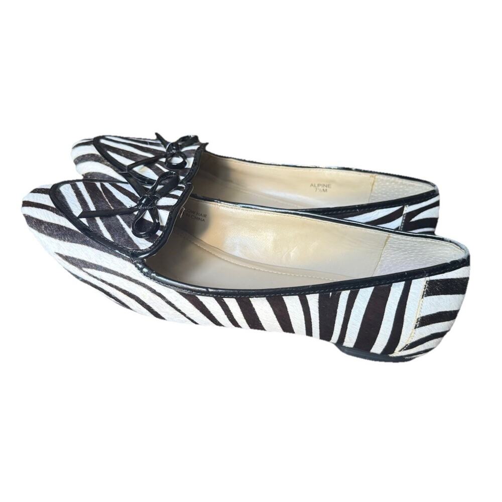 Ellen Tracy Zebra Haircalf Flats 7.5M Black White Pony Hair Loafers Bow Ballet